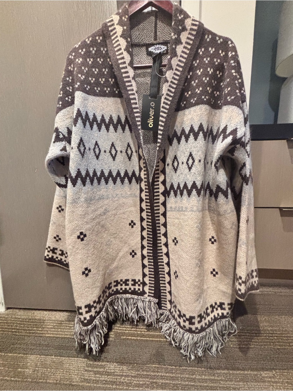 Forever 21 Brown and Cream Geometric Fringe Cardigan Poncho